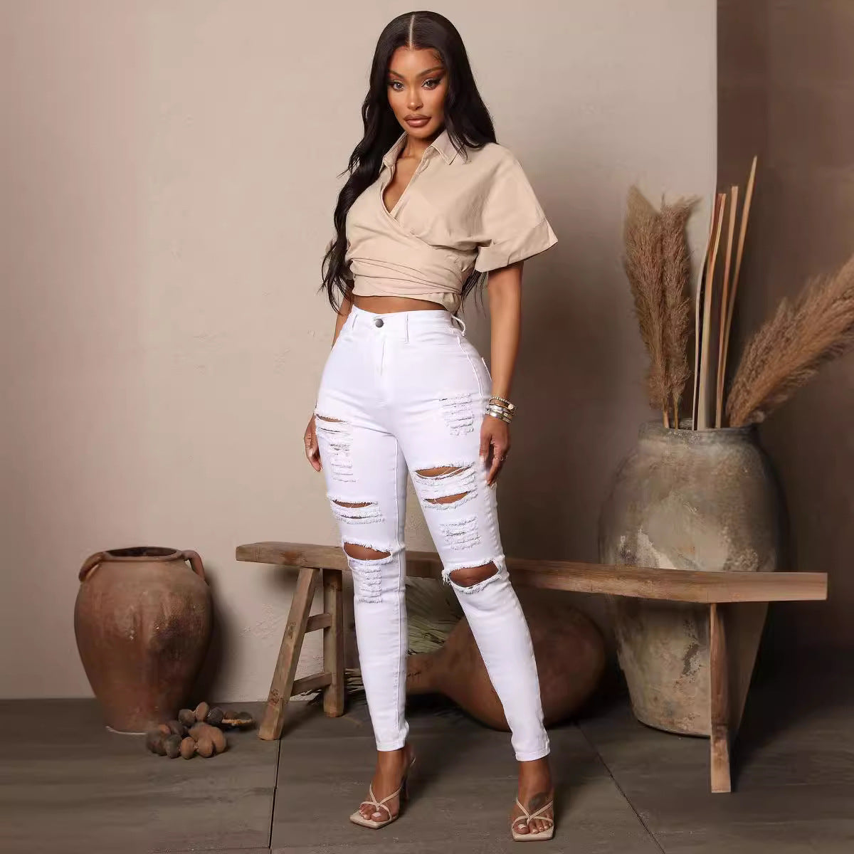 Women's Black White Stretch Ripped For Skinny Jeans