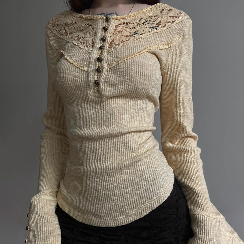 Women's Lace Stitching Split Breasted Round Neck Slim Fit Blouses