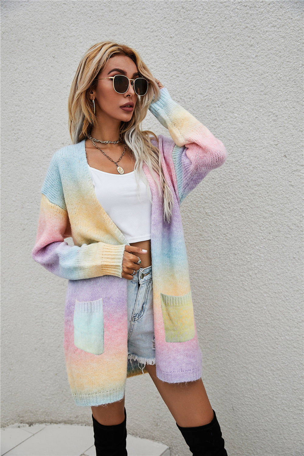 Pretty Women's Winter Rainbow Mid-length Loose Sweater