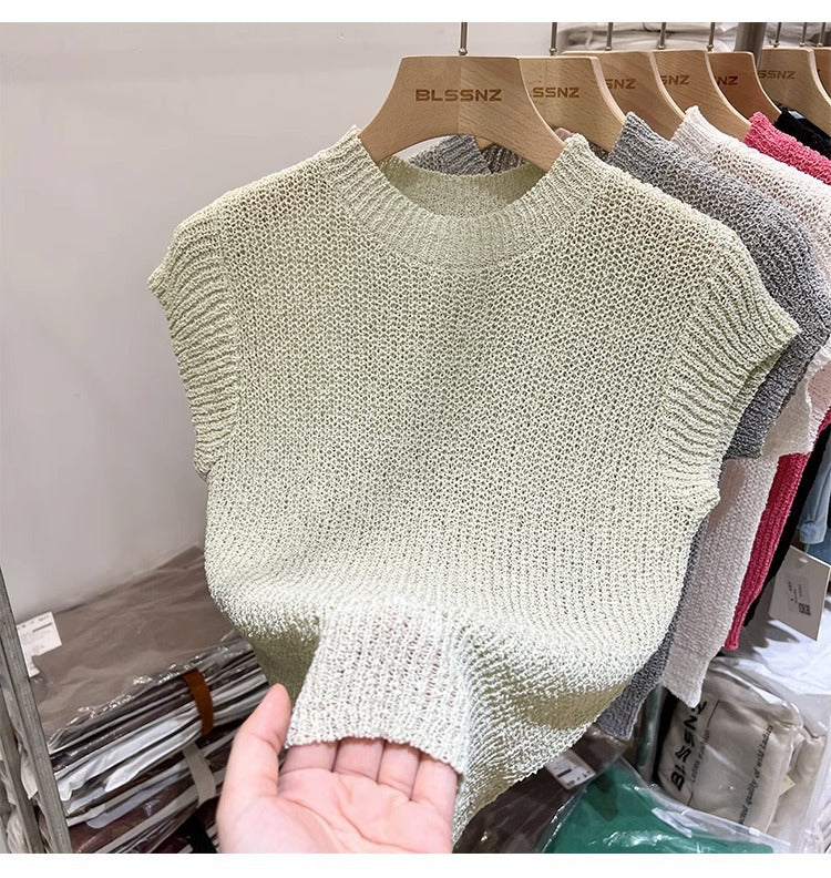 Women's European Goods Short-sleeved Summer Silk Ice Design Sleeveless Solid Women's Sweater