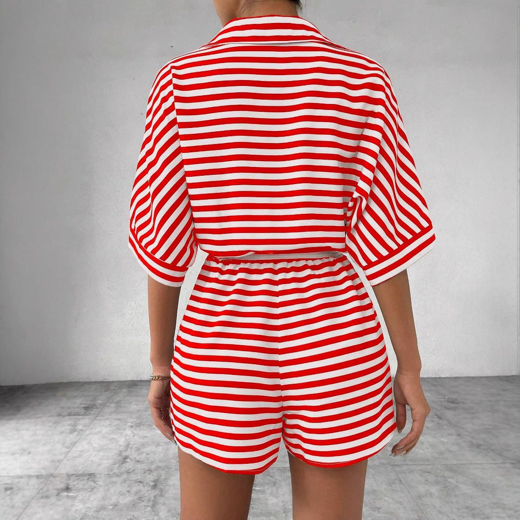 Women's Striped Lapel Button Half Sleeve Belt Jumpsuits