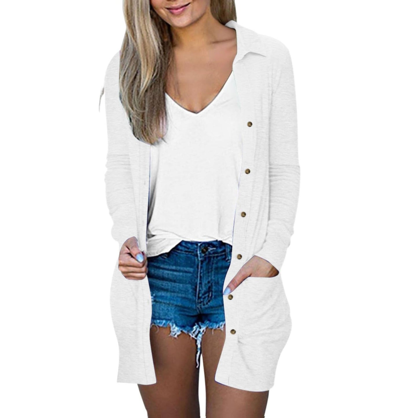 Women's Button Double Pocket Solid Color Casual Polo Collar Long Cardigans