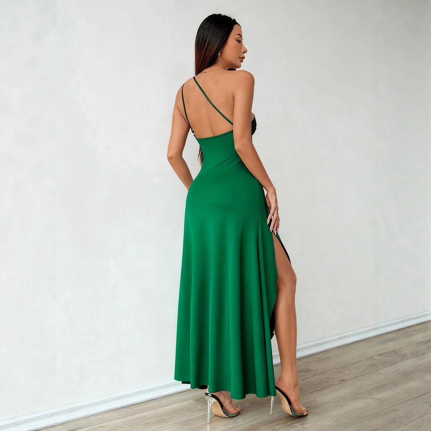 Temperament Solid Color Oblique Shoulder Elegant Prom Party Dress