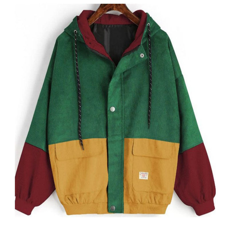 College Style Loose Color Matching Hooded Coats