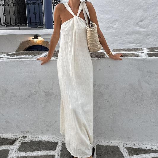 Women's Beige Sleeveless Halter Seaside Beach Leisure Dresses