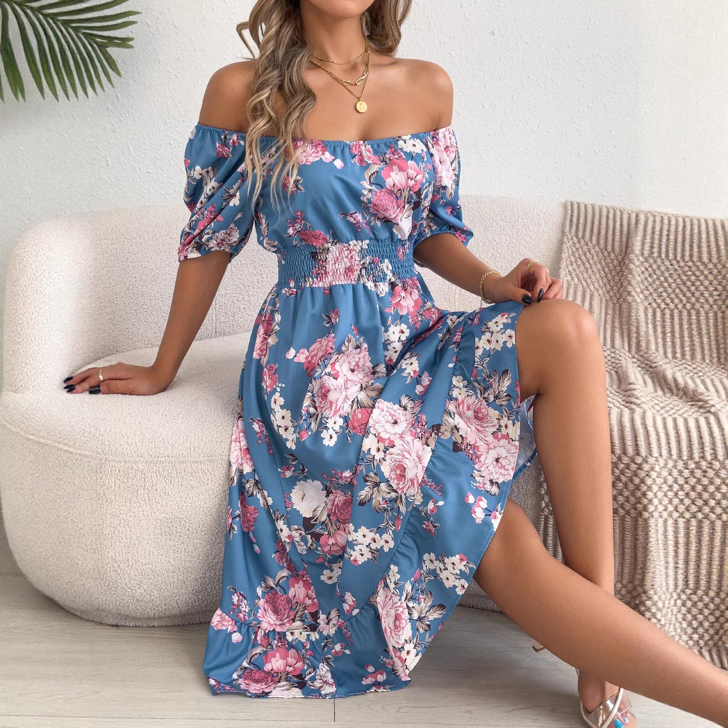 Women's Flower Sleeve Ruffled A- Line Holiday Dress