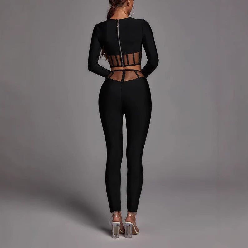 Black Long Sleeve Round Neck Two-piece Mesh Hollow Suits