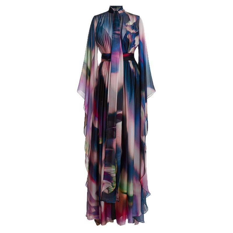 Floating Sleeve Colorful Printed Holiday Long Dress