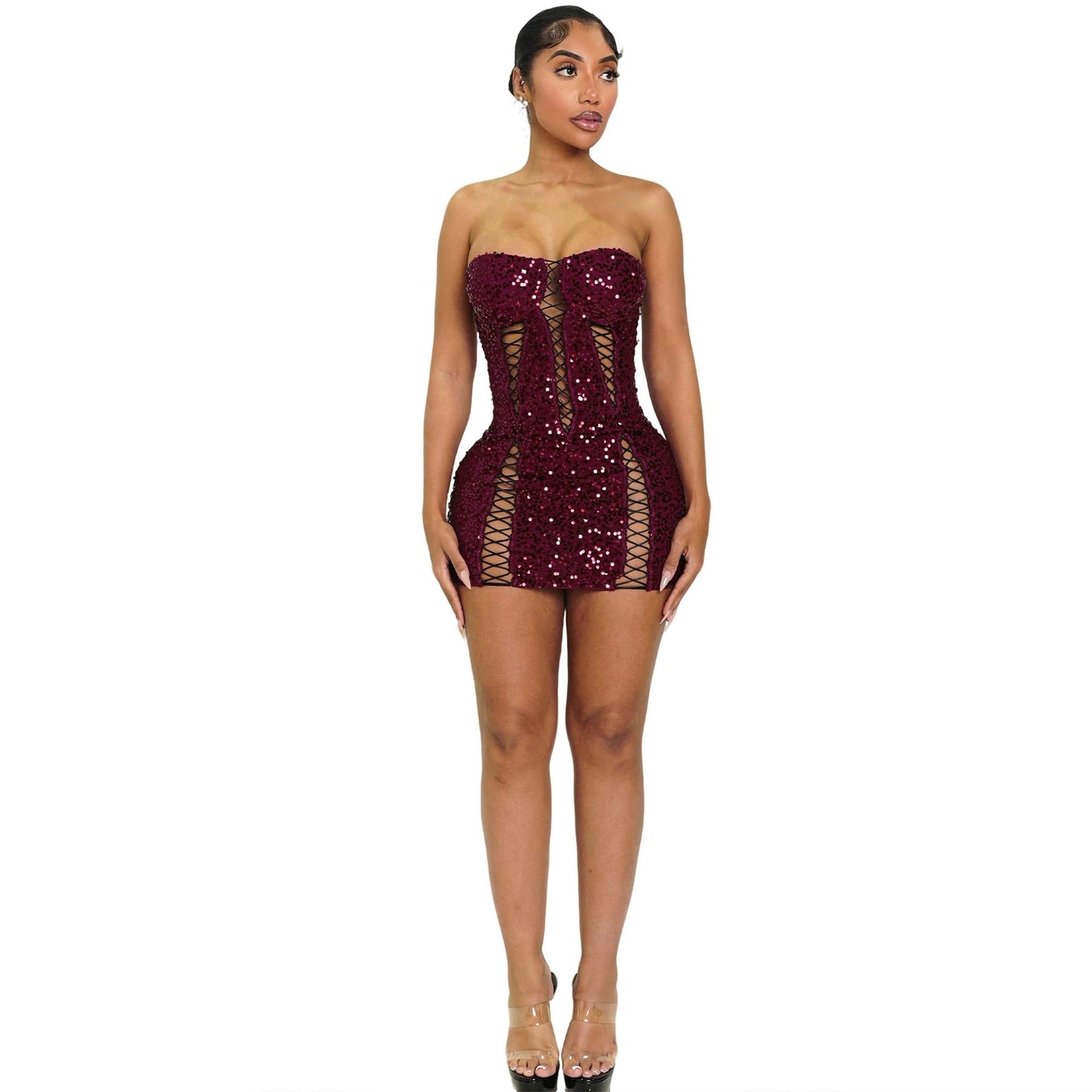 Stretch Hollow Out Strap Tube Package Hip Sequined Dress