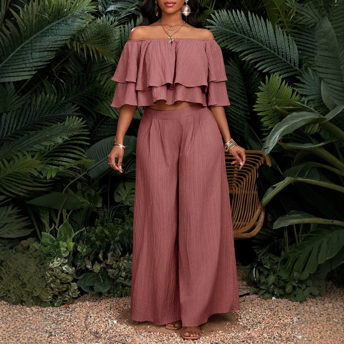 Ruffled High Waist Wide Leg Two-piece Fashion Casual Suit