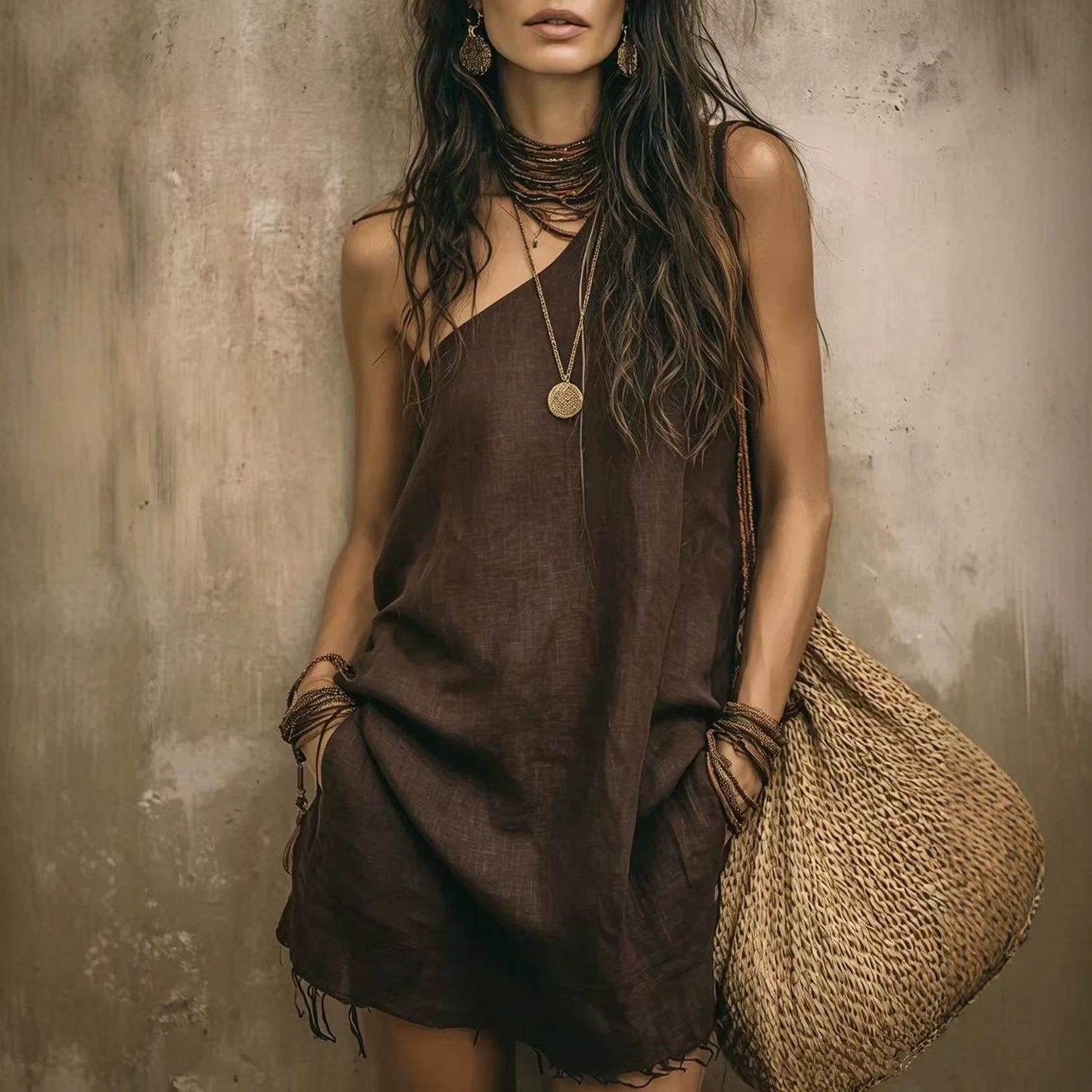 Oblique Shoulder Solid Color Bohemian Style Characteristic Dress