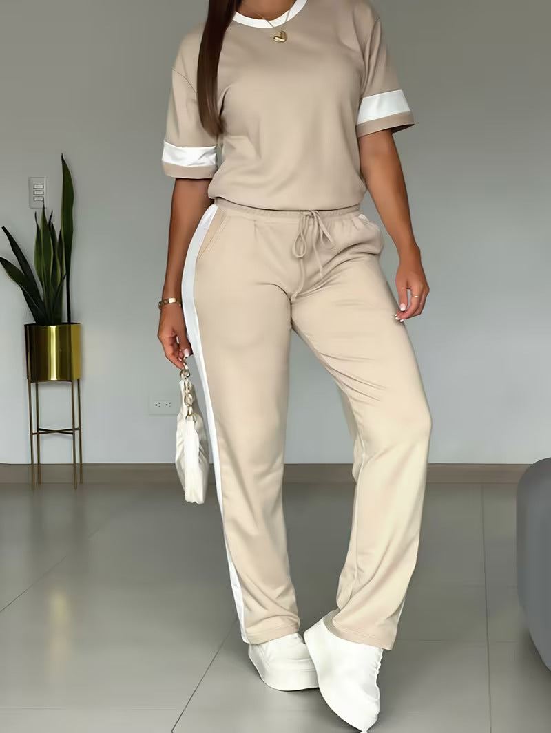 Women's Short-sleeved Side Striped Contrast Color Two-piece Fashion Casual Suit