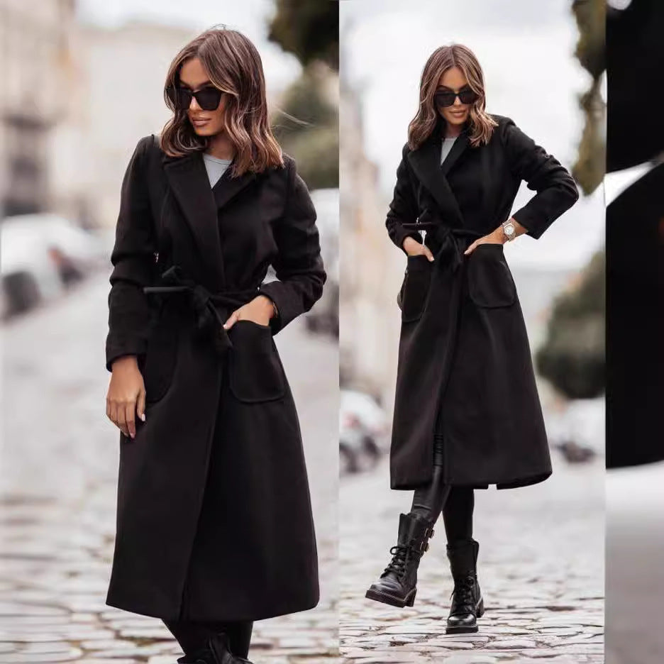 Women's Simple Double Breasted Long Sleeve Lapel Button Coats