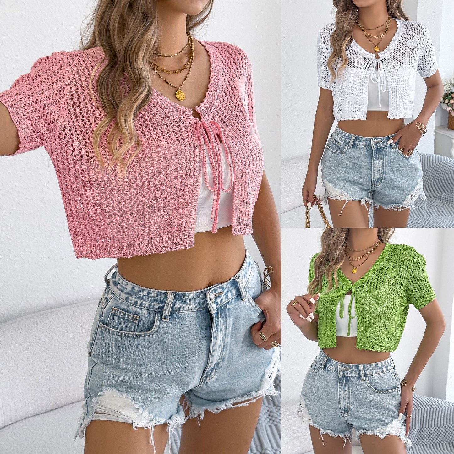 Women's Hollowed Heart Shape Short-sleeved Exposed Navel Women's Sweater