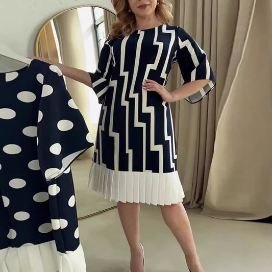 Women's Fashion Striped Stitching Pleated Round Neck Dress