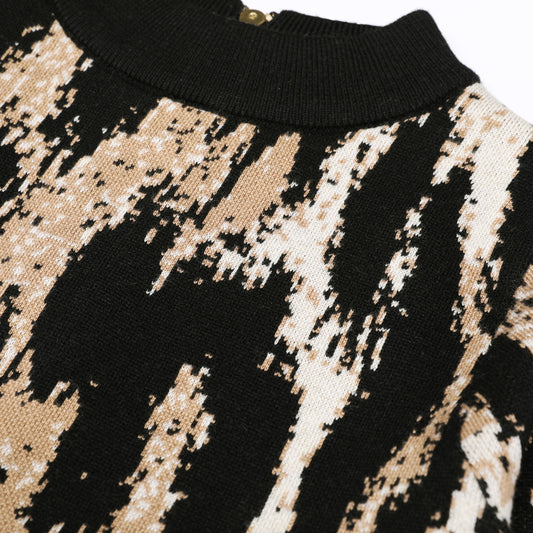 Women's Fashion Knitted Round Neck Slim Fit Slimming Leopard Dresses