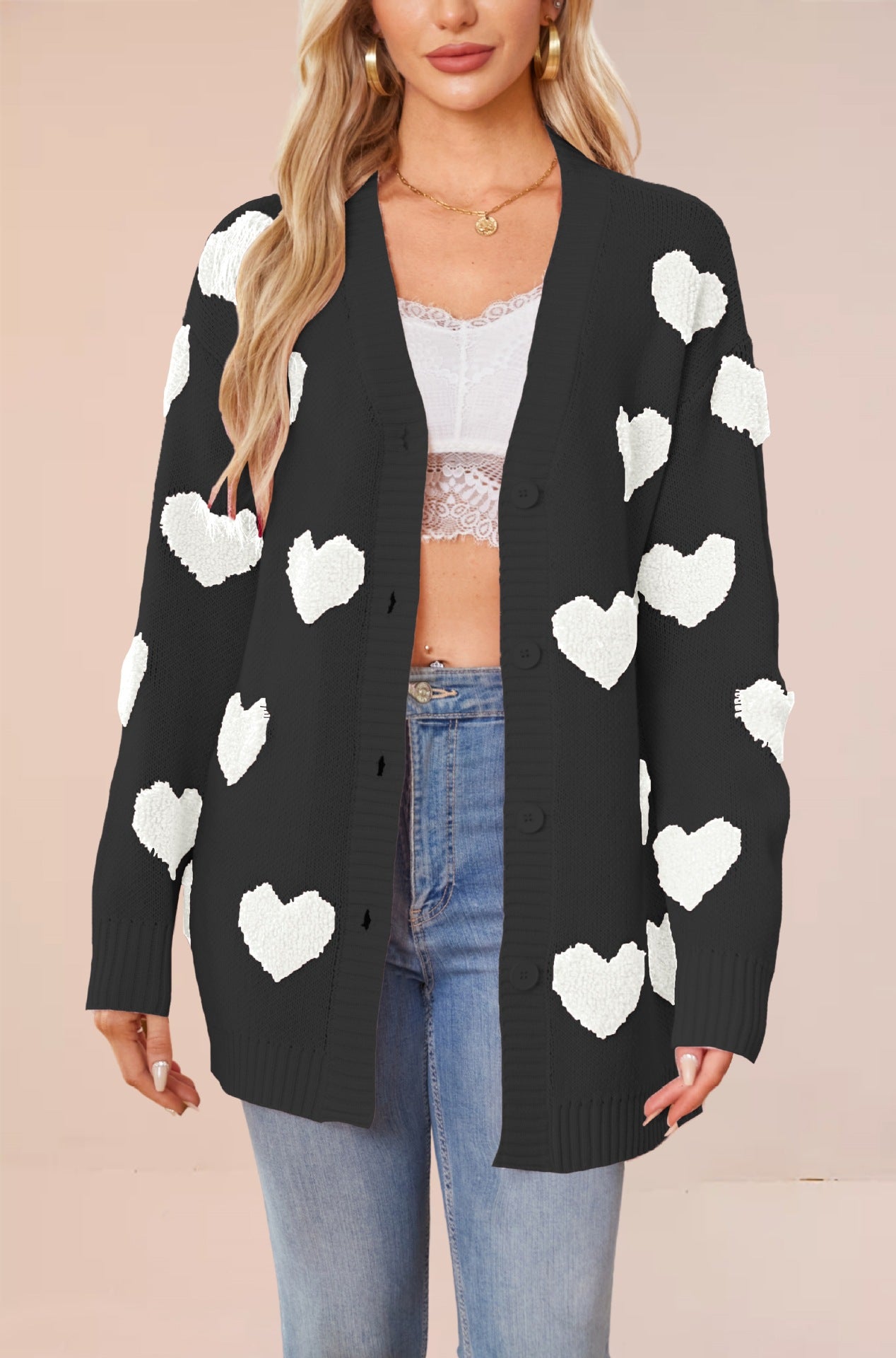 Women's Valentine's Day Heart Knitted Buttons Mid-length Sweaters