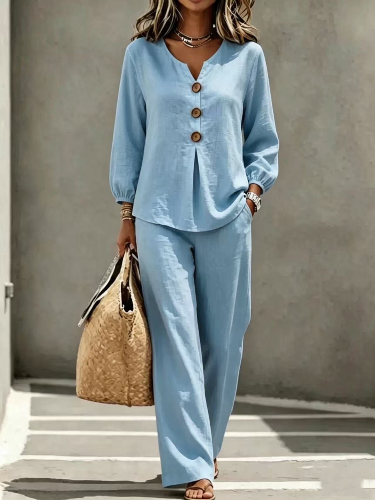 Women's Button Flounce Long Sleeve Trousers Two-piece Fashion Casual Suit