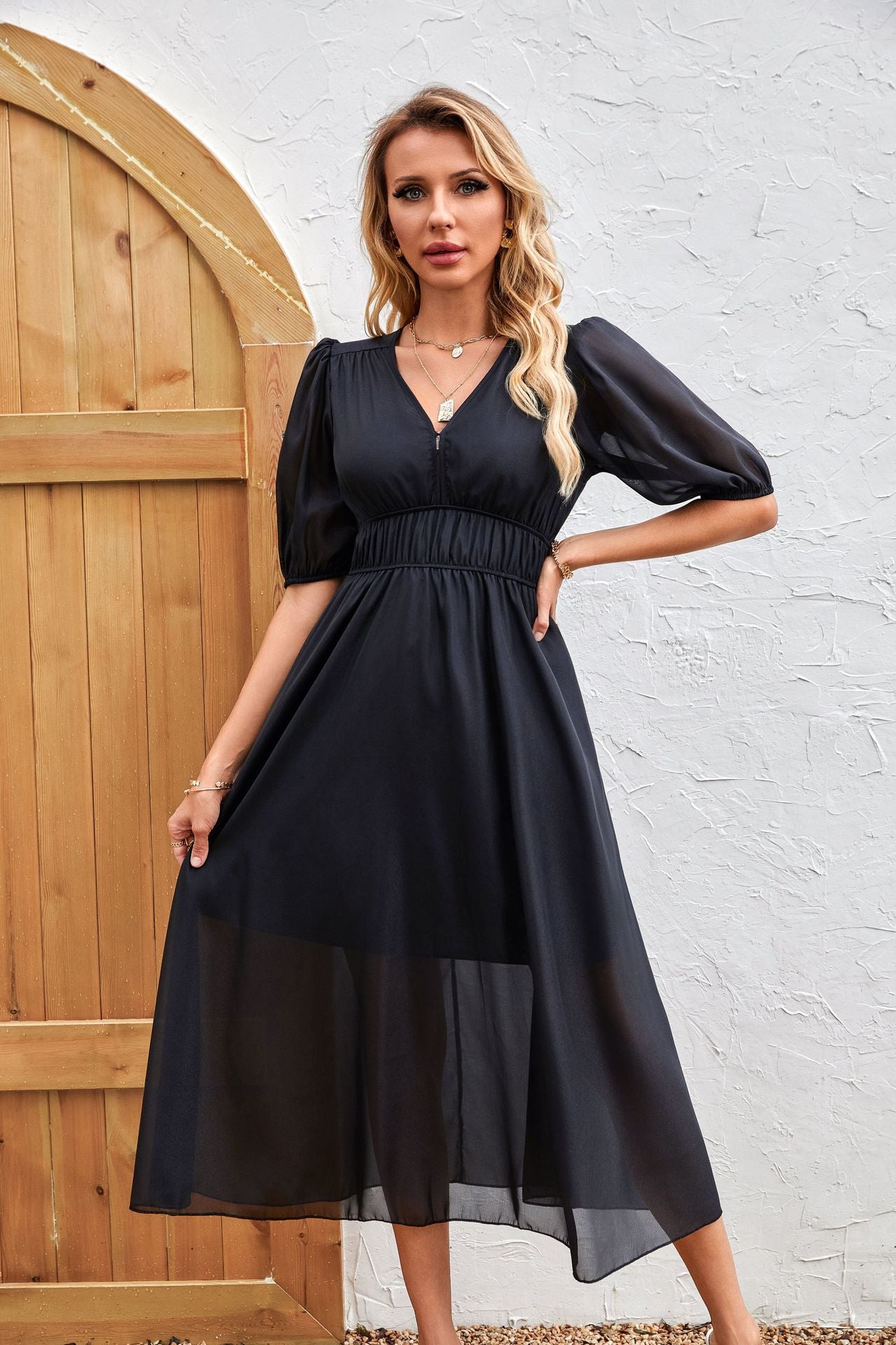 Women's Vacation Casual Solid Color Chiffon Waist Dress
