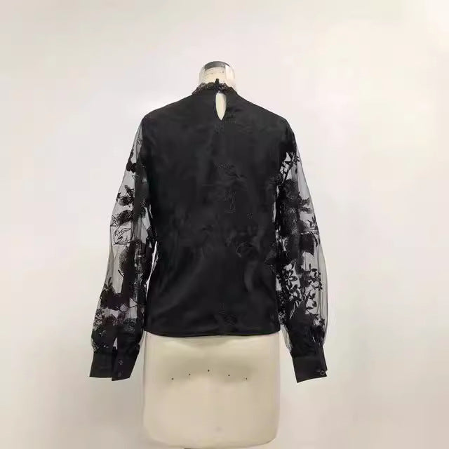 Women's Lace Puff Sleeve Transparent Round Neck Solid Blouses