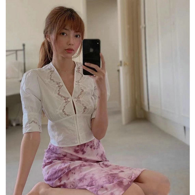 Women's Cotton Lace Cutout Summer French Vintage Blouses