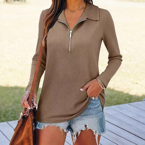 Women's Knitted Fabric Lapel Zipper Casual Long Women's Sweater