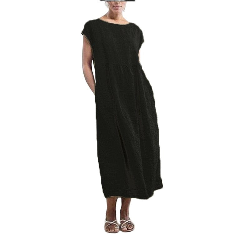 Color Sleeveless Loose Cotton Linen Pocket Dress