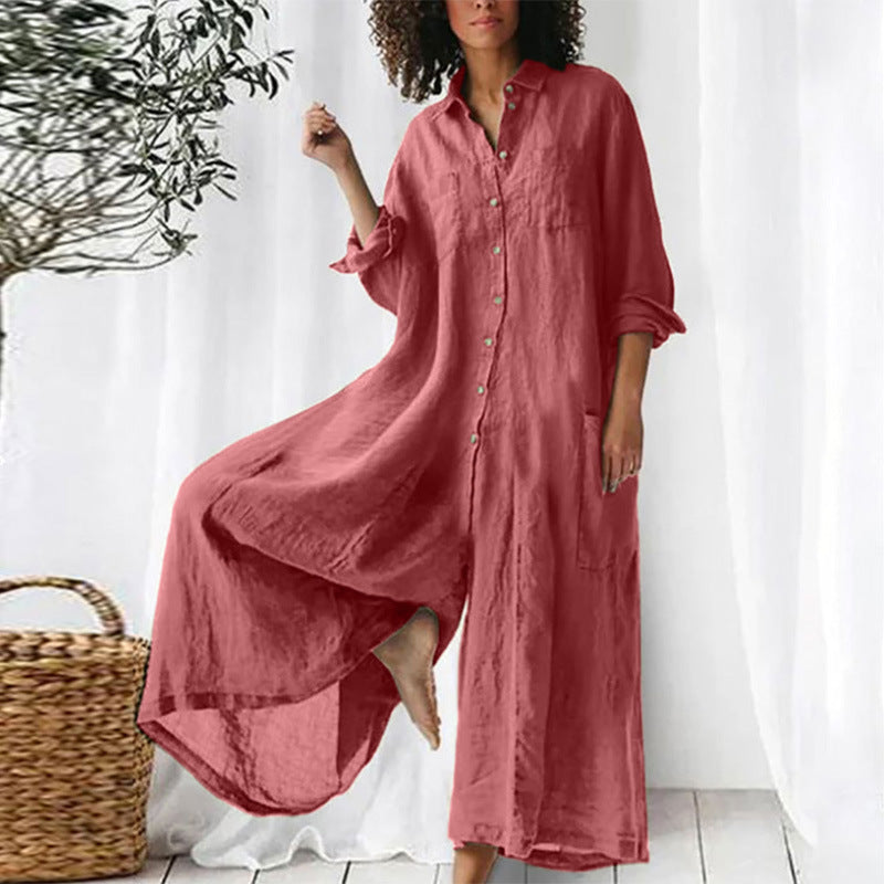 Women's Summer Fashion Wear Loose Lapel Long Jumpsuits