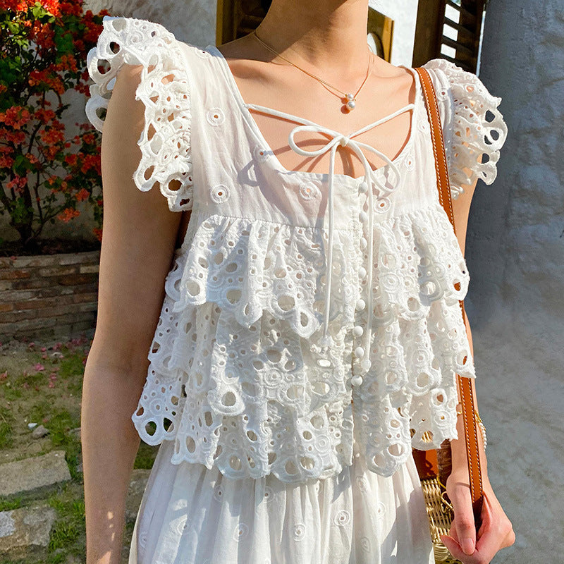 Women's Elegant Summer French Hollow White Suits