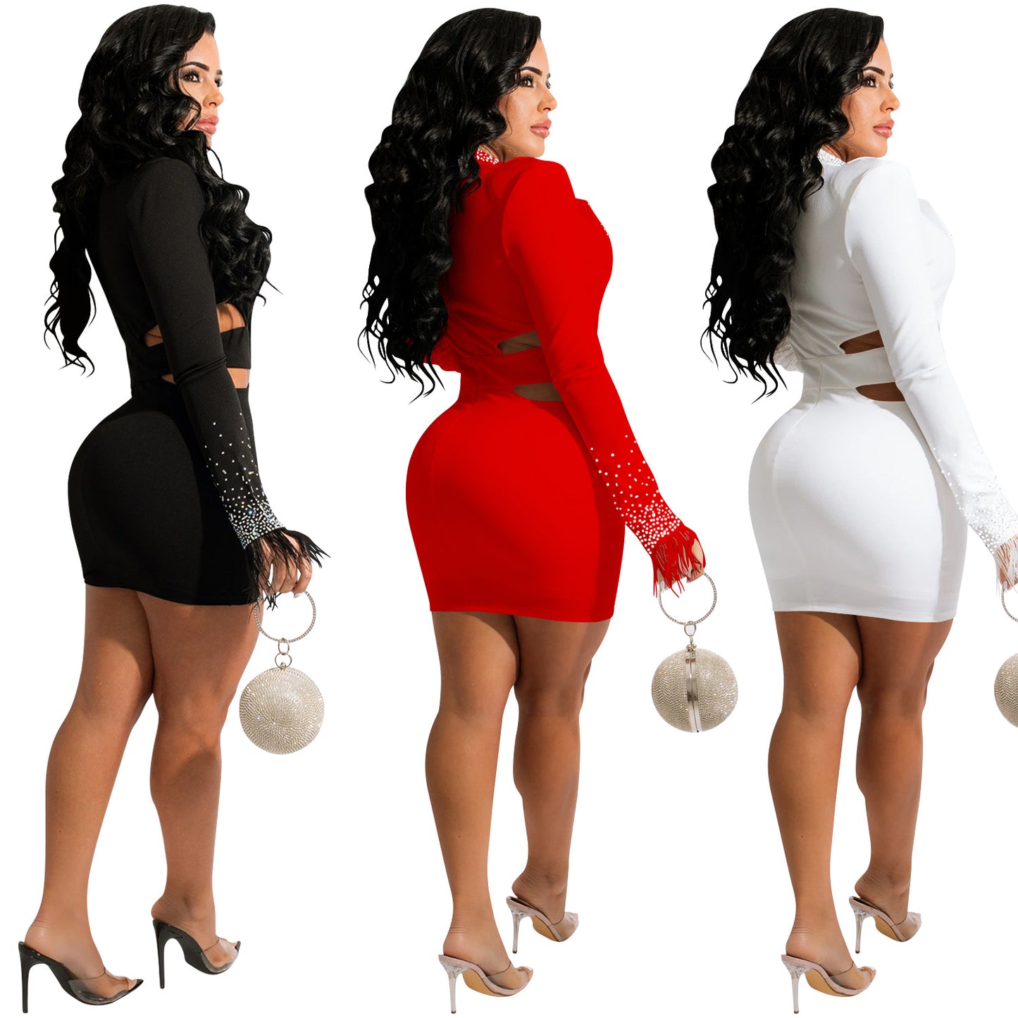 Nightclub Rhinestone Lapel Hollow Long Sleeve Dresses