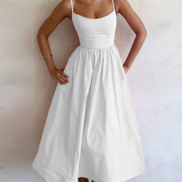 Women's Dopamine Solid Color Suspender Dress Waist Pleated Dresses