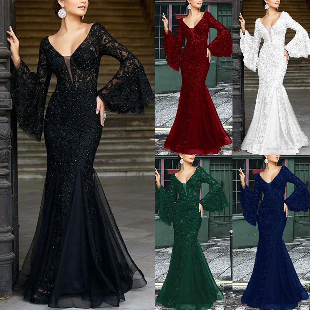 Lace Elegant Sexy Slim Fishtail Long Banquet Female Black Dress