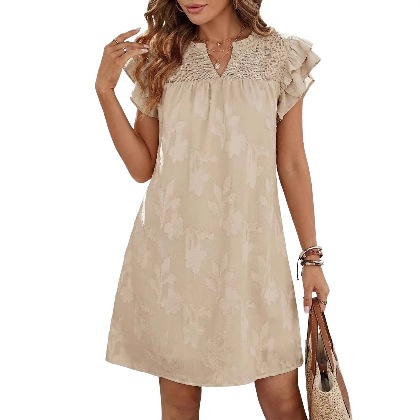 Women's Summer Double Ruffled Sleeves Pleating Floral Dress