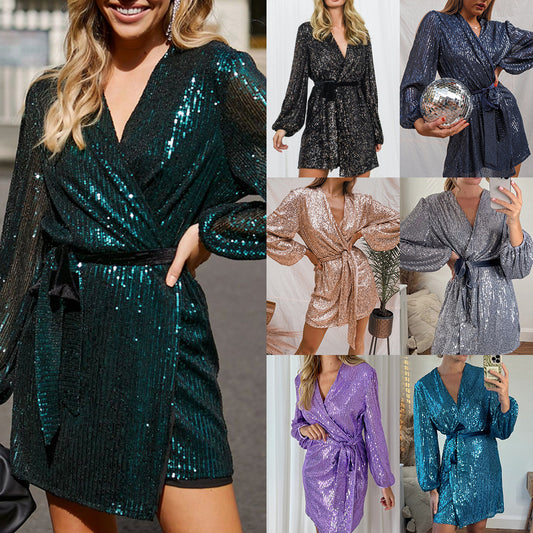 Women's Dress Collar Long-sleeved Bubble Sleeve Glitter Skirts