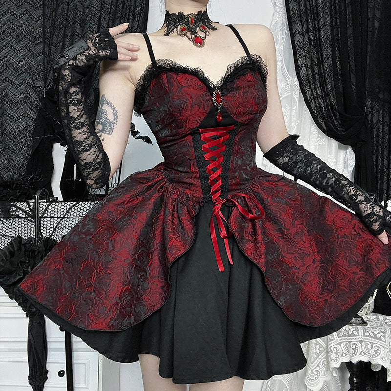 Women's Red Rose Jacquard Suspender Dress Gothic Style Dresses