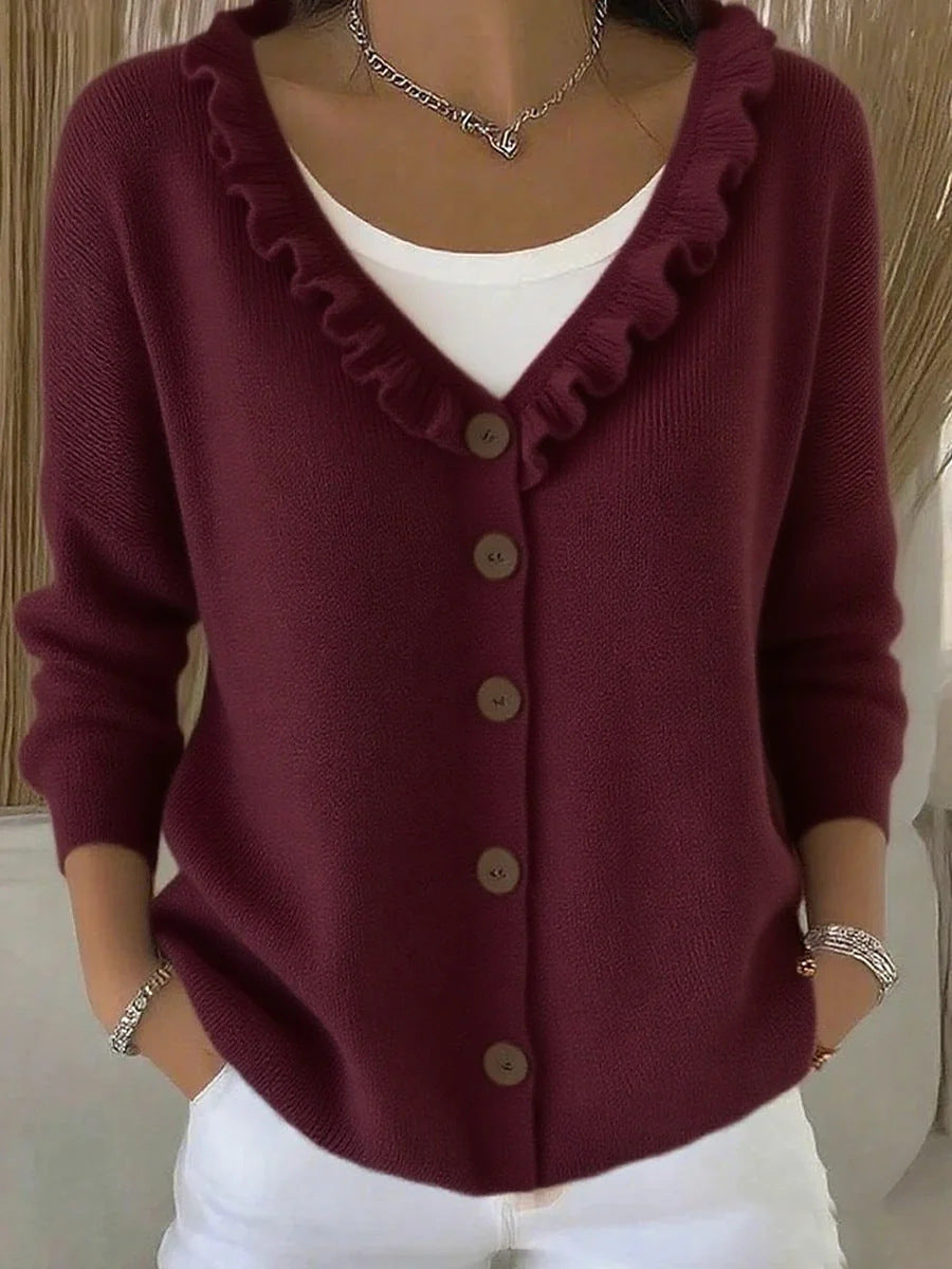 Wooden Ear Knitted Button Solid Color Sweater