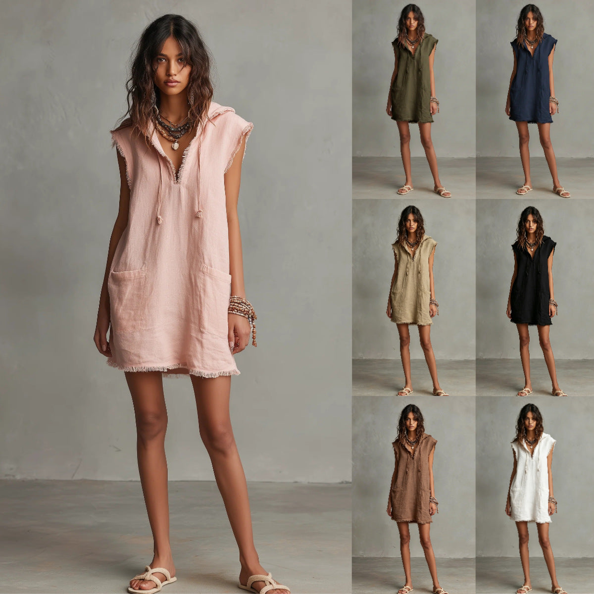 Women's Minimalist Linen Blended Mini Hooded Sleeveless Frayed Dress