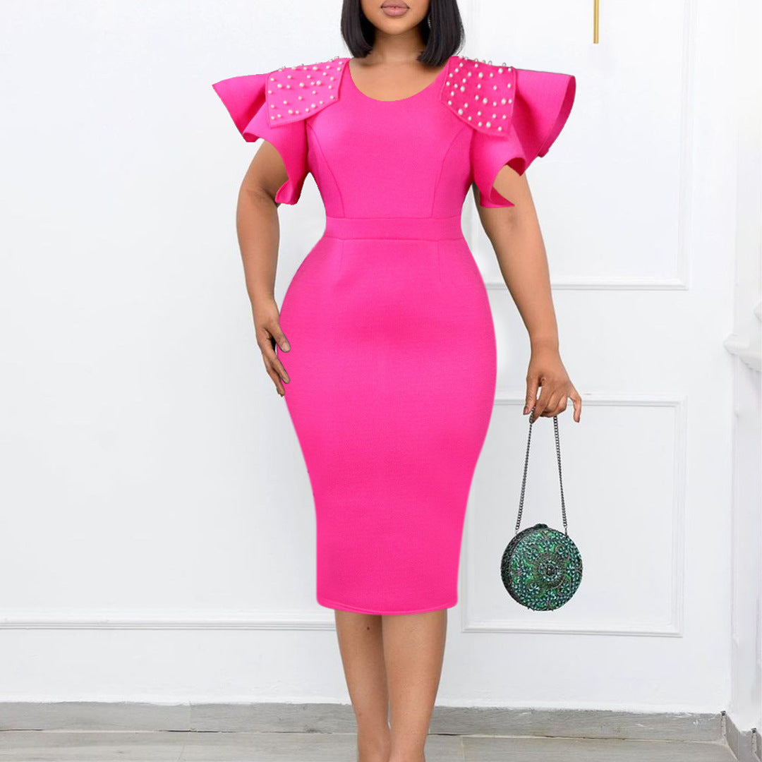 Women's Round Neck Ruffle Sleeve Slit Beaded Plus Size