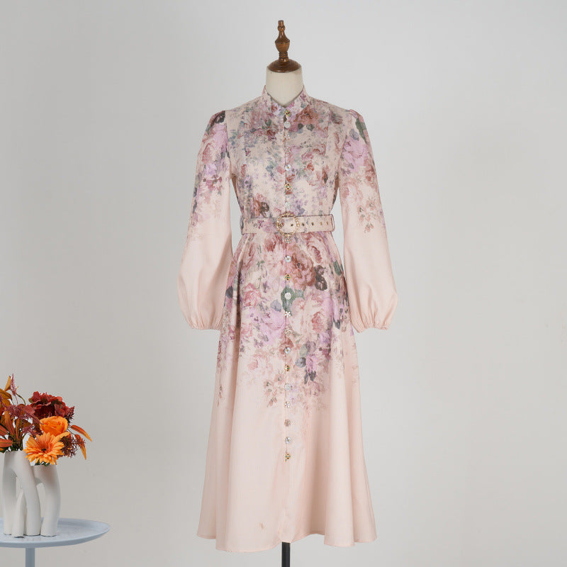 Style Stand-up Collar Puff Sleeve Single-breasted Positioning Dresses