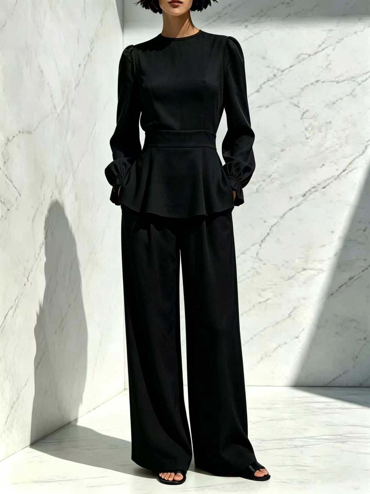 Long Sleeve Trousers Puff Design Elastic Fashion Casual Suit