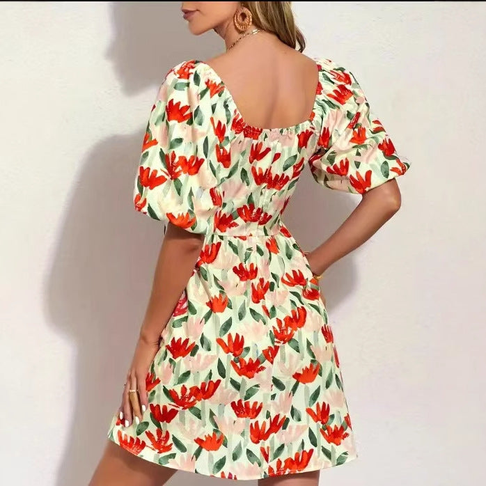 Charming Comfortable Floral Print Lantern Sleeve Dress