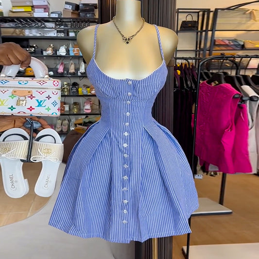 Women's Summer Fashion Elegant Blue Stripe Word Dresses