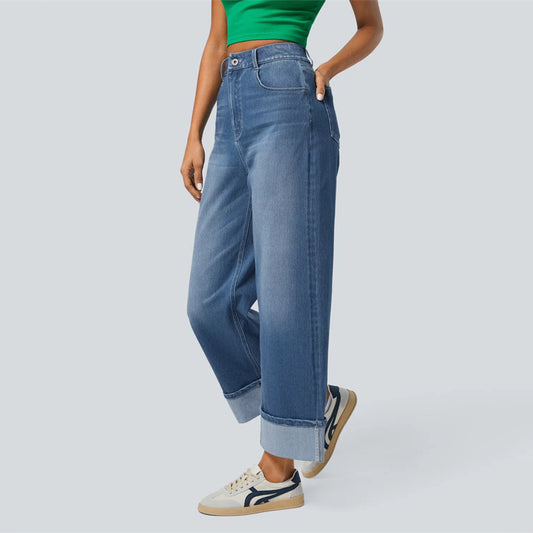 Women's Spring Fashion High-waisted Curling Straight Casual Jeans