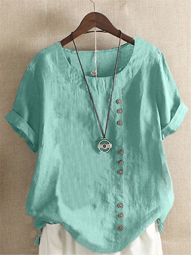Women's Button Sleeve Casual Holiday Round Neck Regular Cotton Blouses