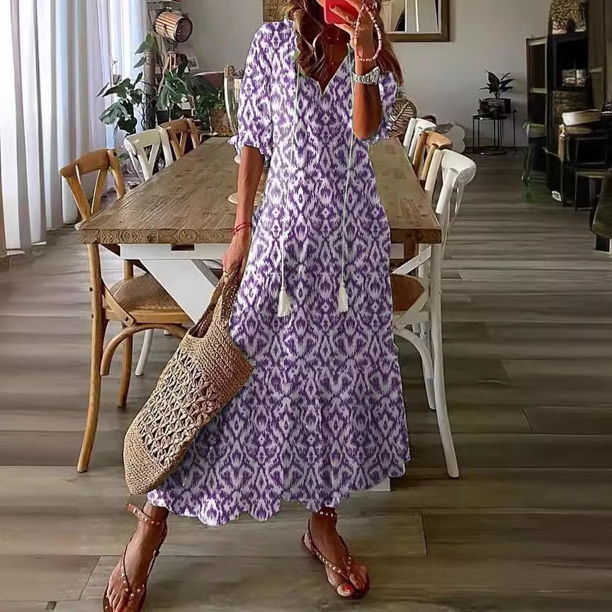 Women's Casual Sweet Loose Printed Tassel Long Dresses