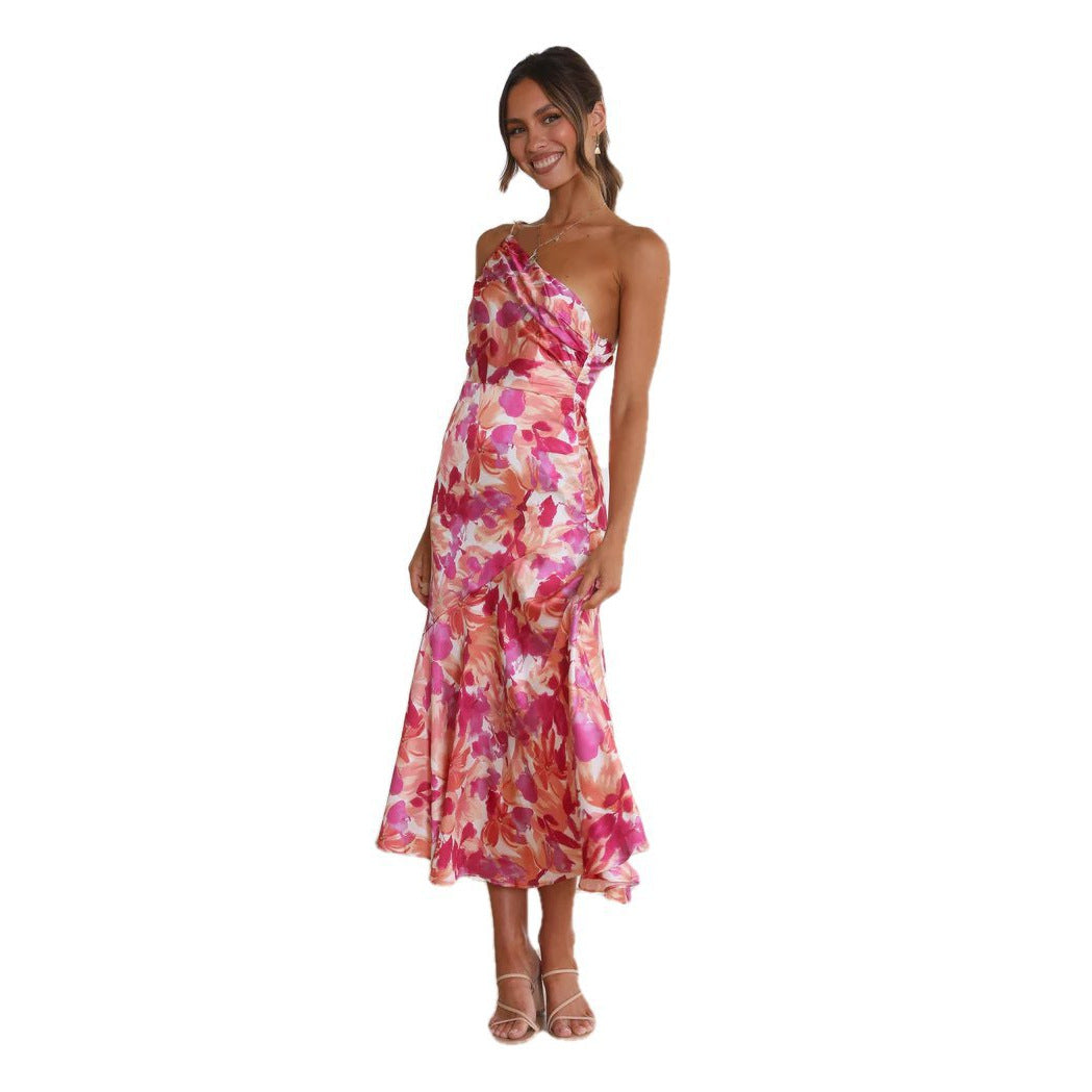 Temperament Diagonal Collar Strap Fishtail Printed Dresses