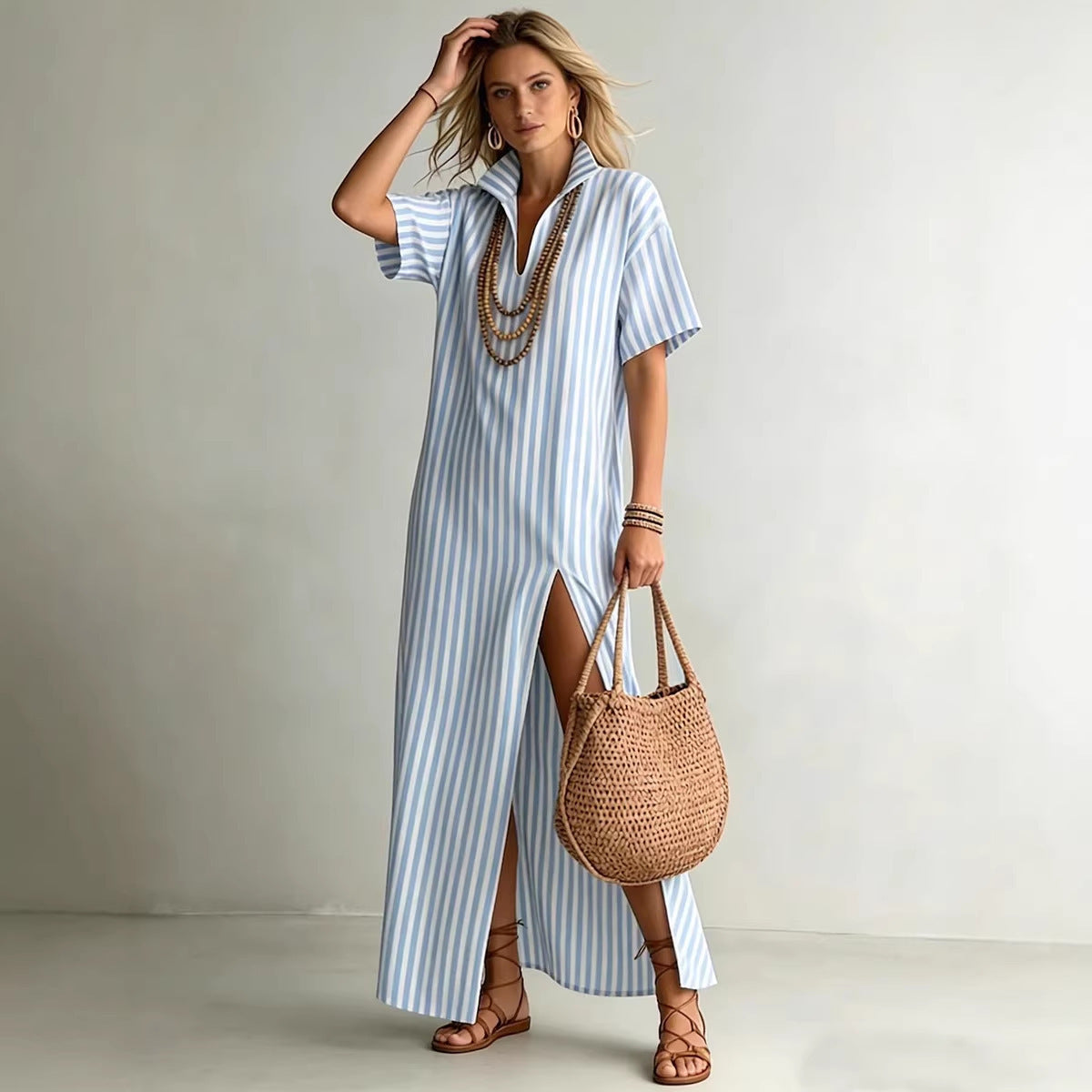 Women's Summer Sleeve Striped Slit Cotton Linen Shorts
