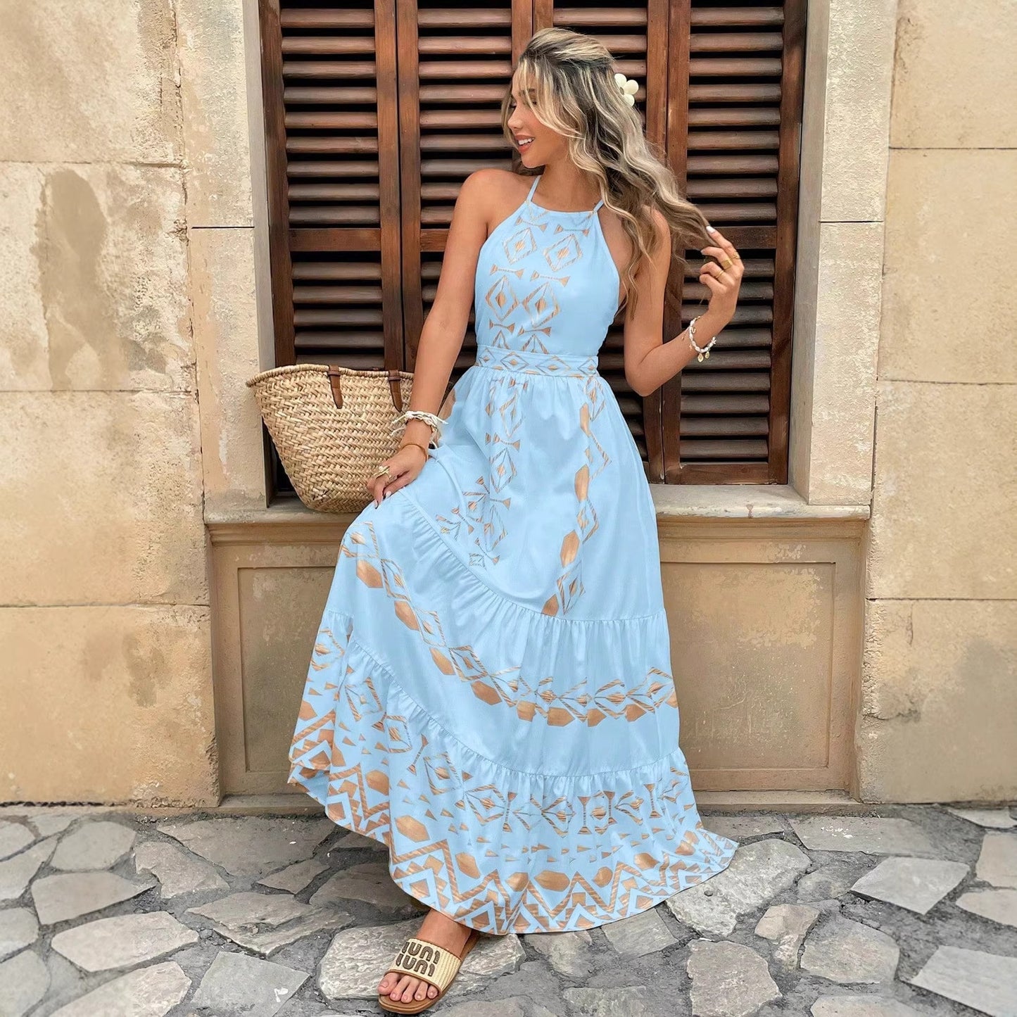 Embroidered Printed Sexy Suspender Elegant Seaside Dress