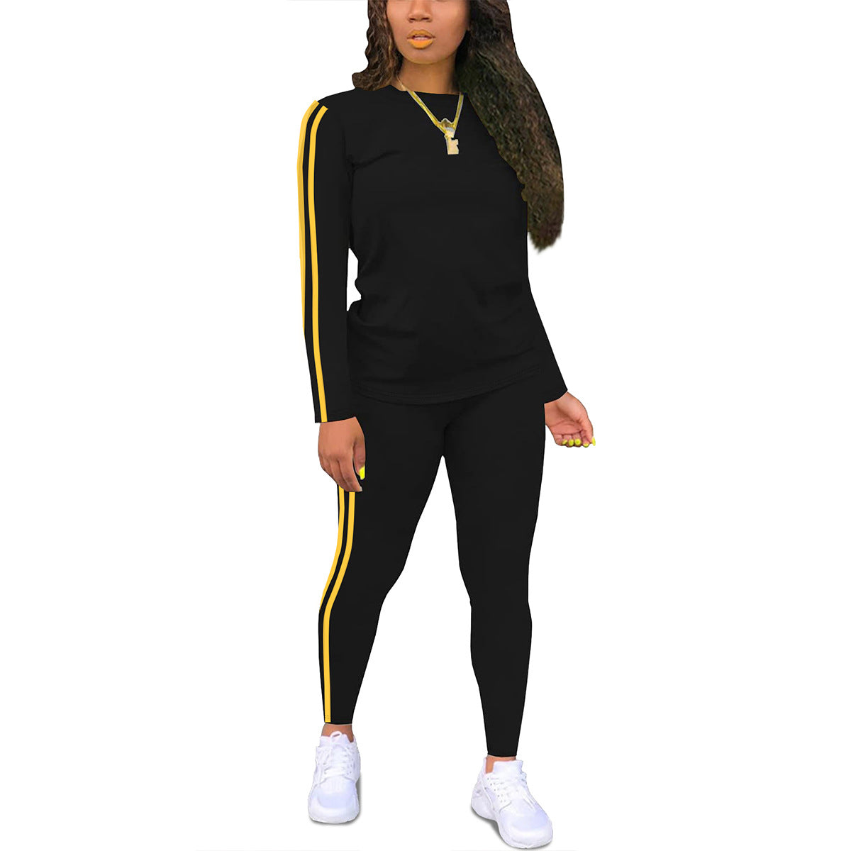 Women's Round Neck Long Sleeve Patch Trousers Side Fashion Casual Suit