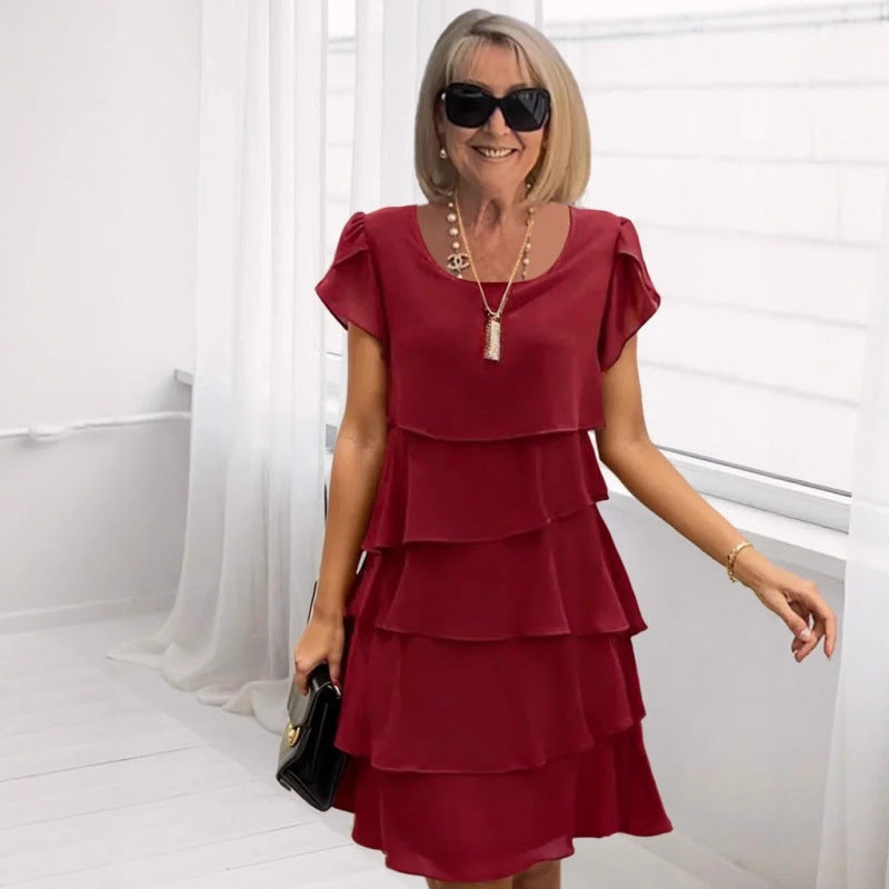 Women's Sleeve Cake Solid Color Round Neck Dress